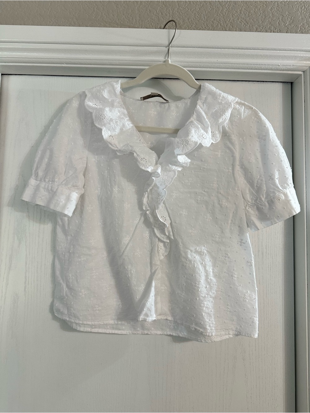 LOFT White Eyelet Ruffle Collar Blouse